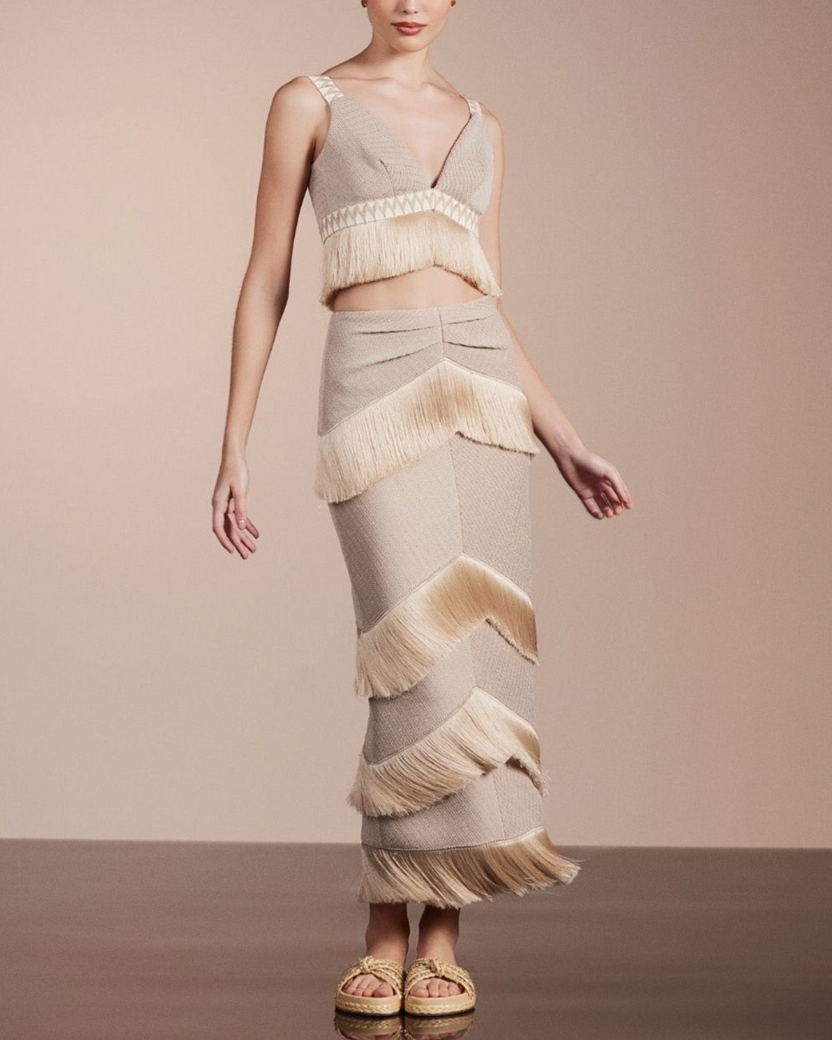 V-Neck Fringe Beach Fringed Solid Color Bikini Swimsuit and Skirt