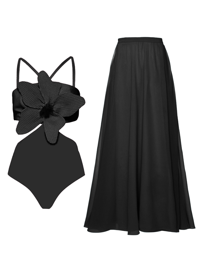 3D Three-Dimensional Flower Solid Color One-Piece Swimsuit And Skirt