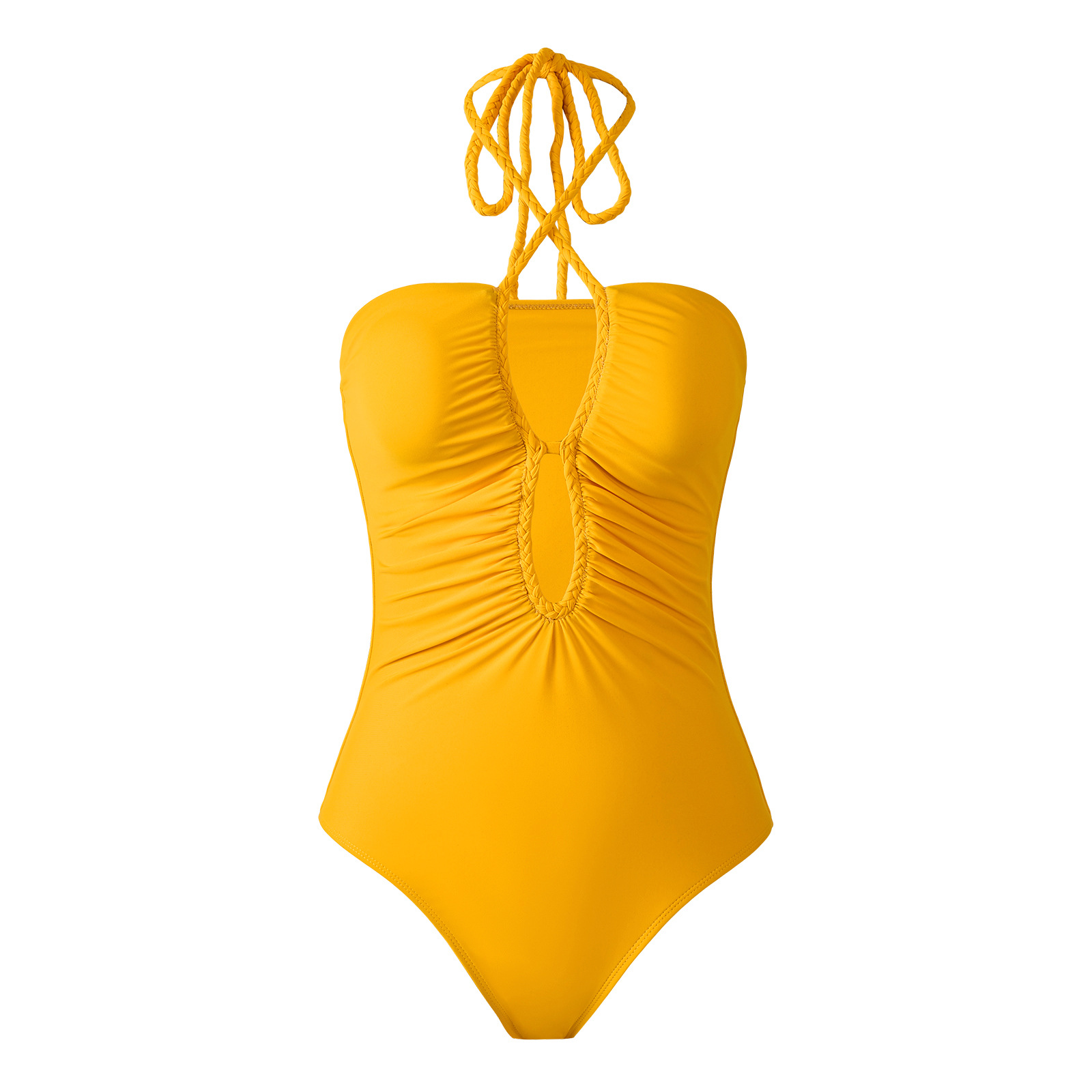 Bright yellow openwork pleated halter neck swimsuit