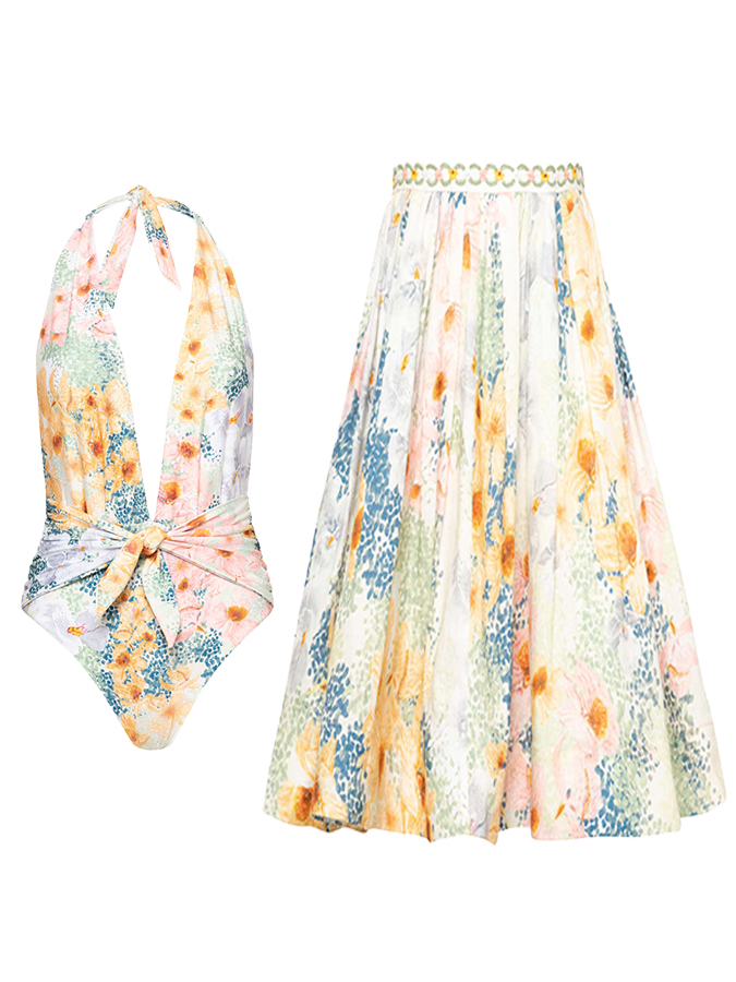 Vintage Floral Print Deep V One-Piece Swimsuit and Skirt