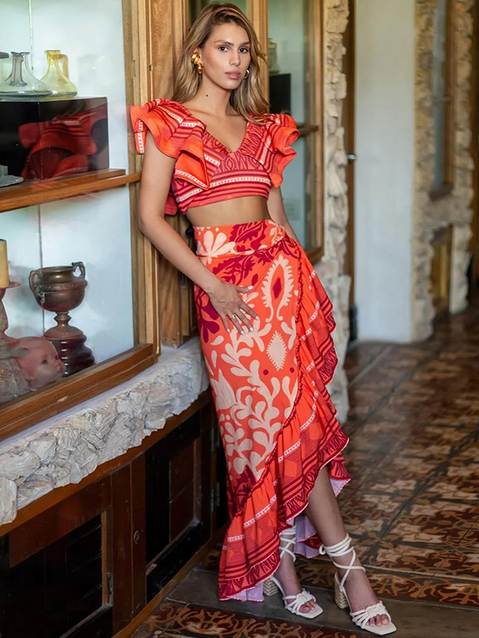 Ruffle Sleeves Printed Swimsuit And Cover Up