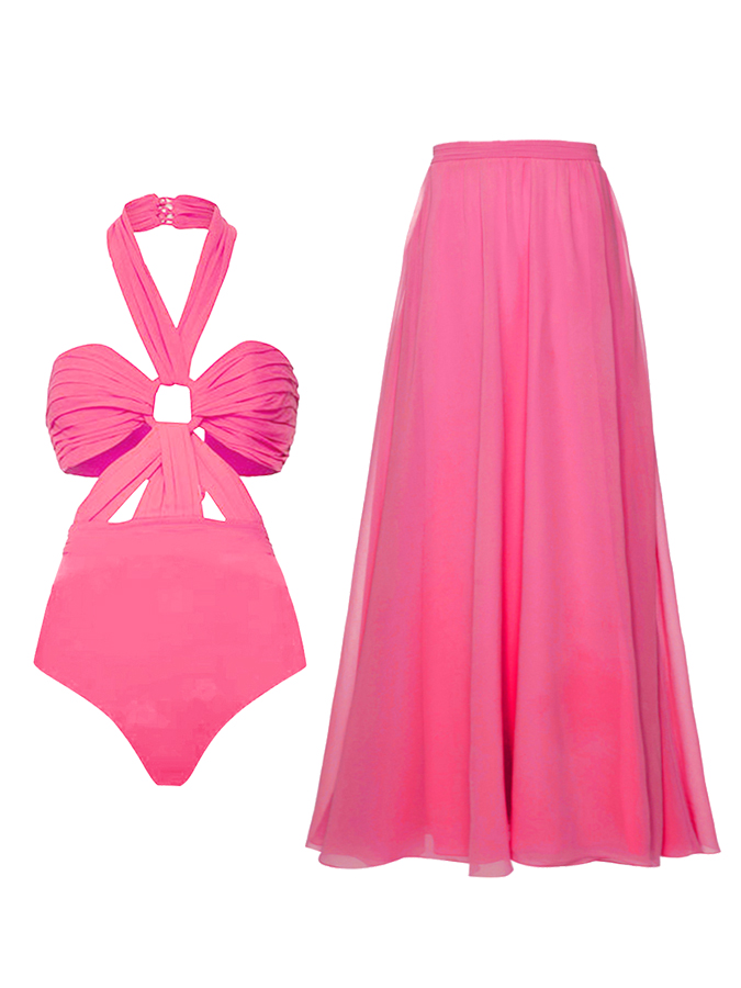 Beach Solid Color One-Piece Swimsuit And Skirt