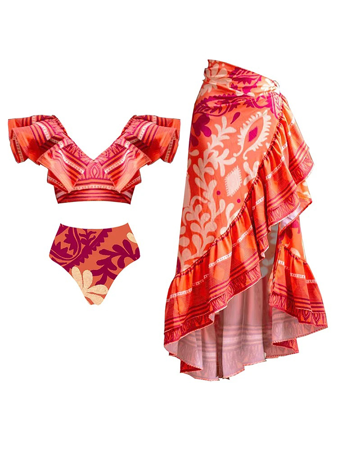 Ruffle Sleeves Printed Swimsuit And Cover Up