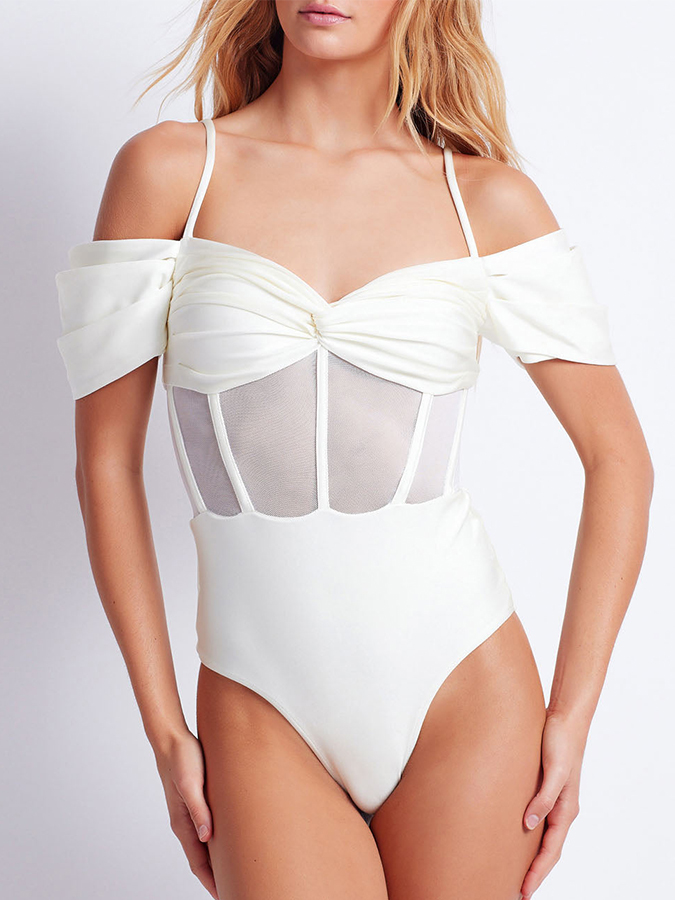 Off Shoulder Corset One Piece and Mesh Skirt Swimwear