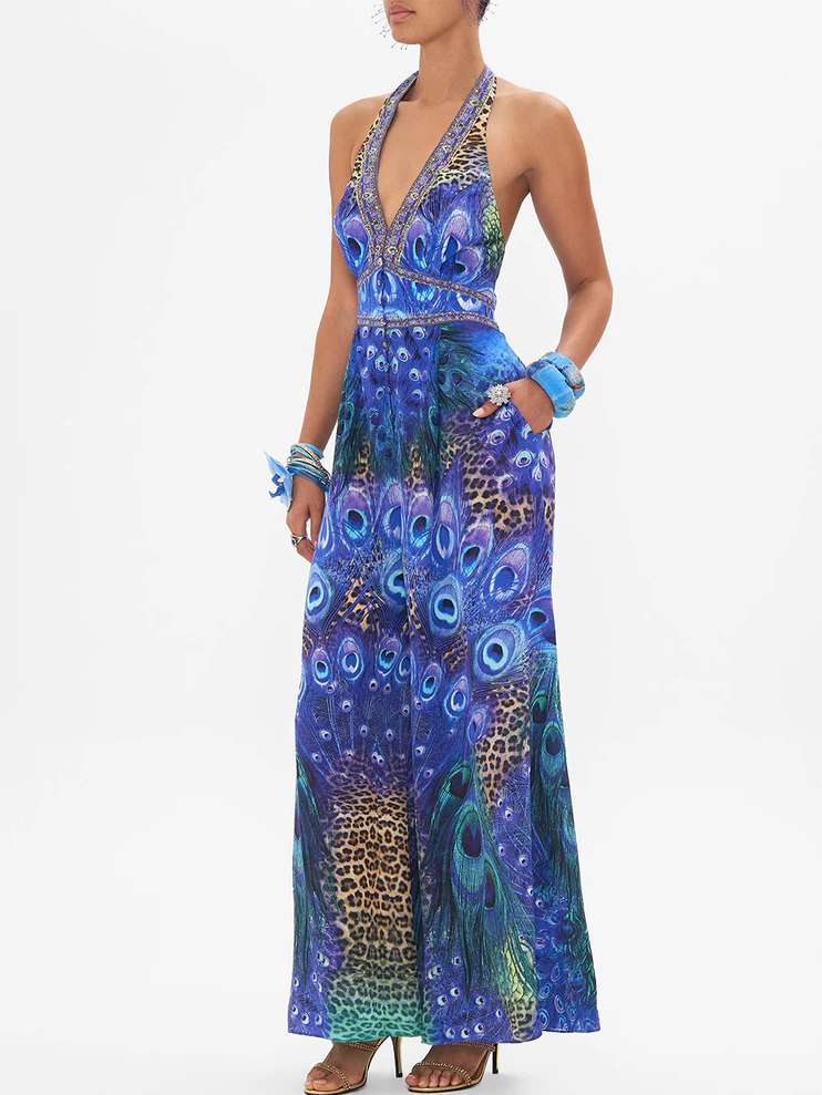 Peacock Printed Halter One Piece Swimsuit and Pants