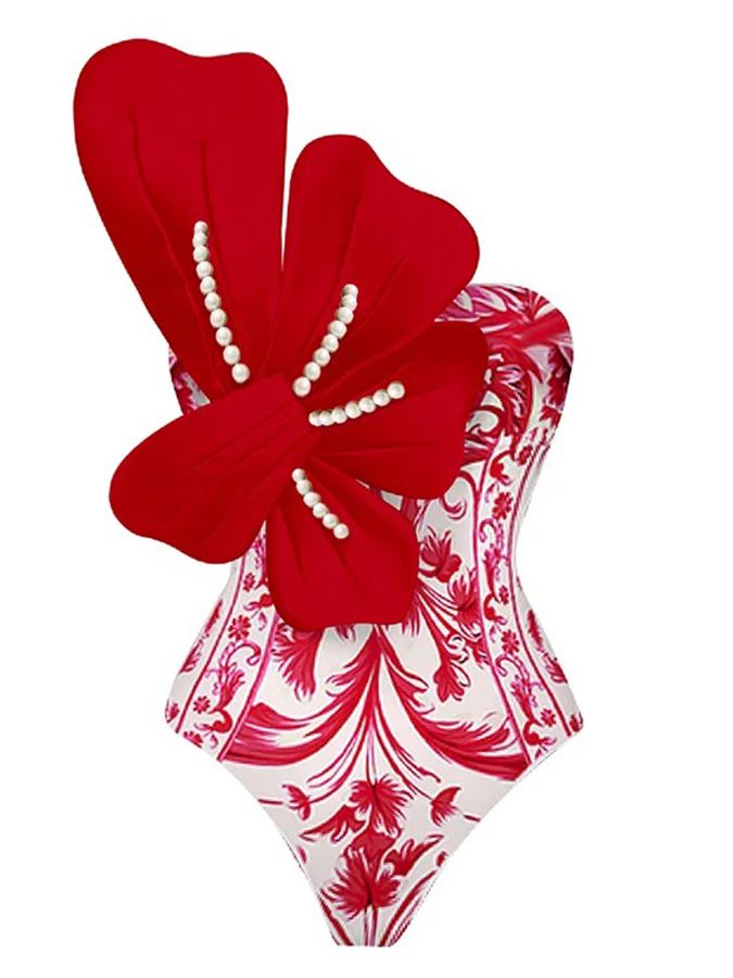 3D Pearl Flower One Shoulder One Piece Swimsuit