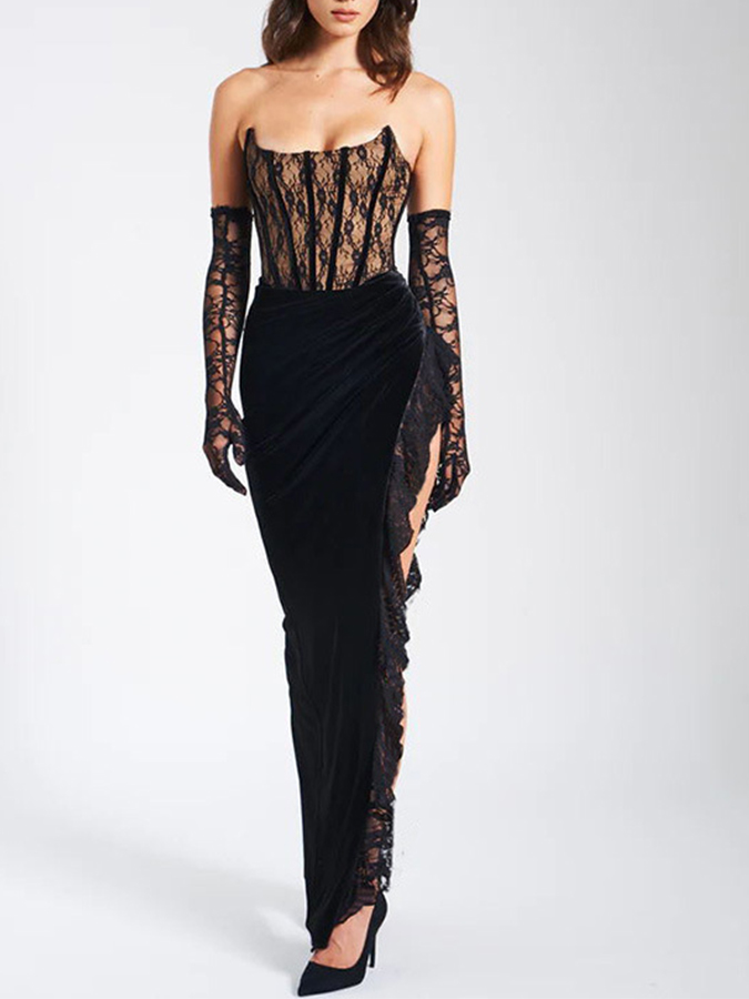 Black Lace Velvet Corset Side Slit Dress without Gloves