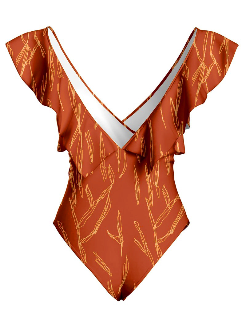 Rust Printed Bikini Set and Kimono Swimwear