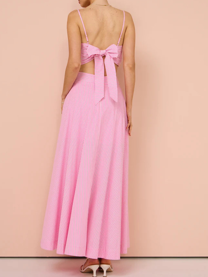 Pink Stripes 3D Flower Bikini Set and Long Skirt