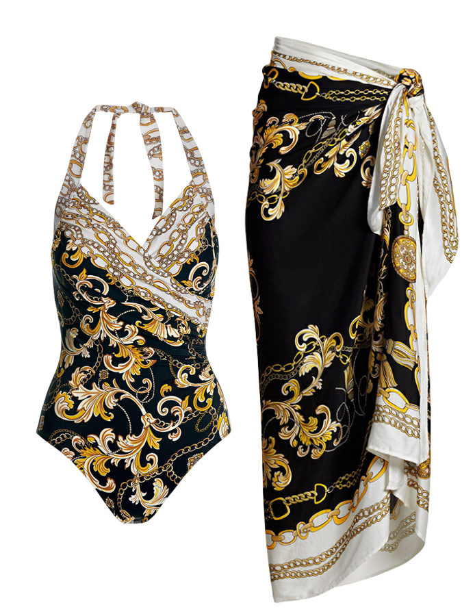 Printed One Piece Swimsuit and Sarong Swimwear
