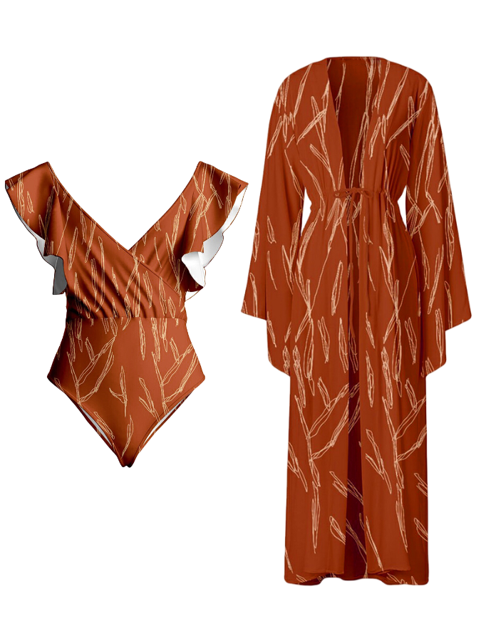 Rust Printed Bikini Set and Kimono Swimwear