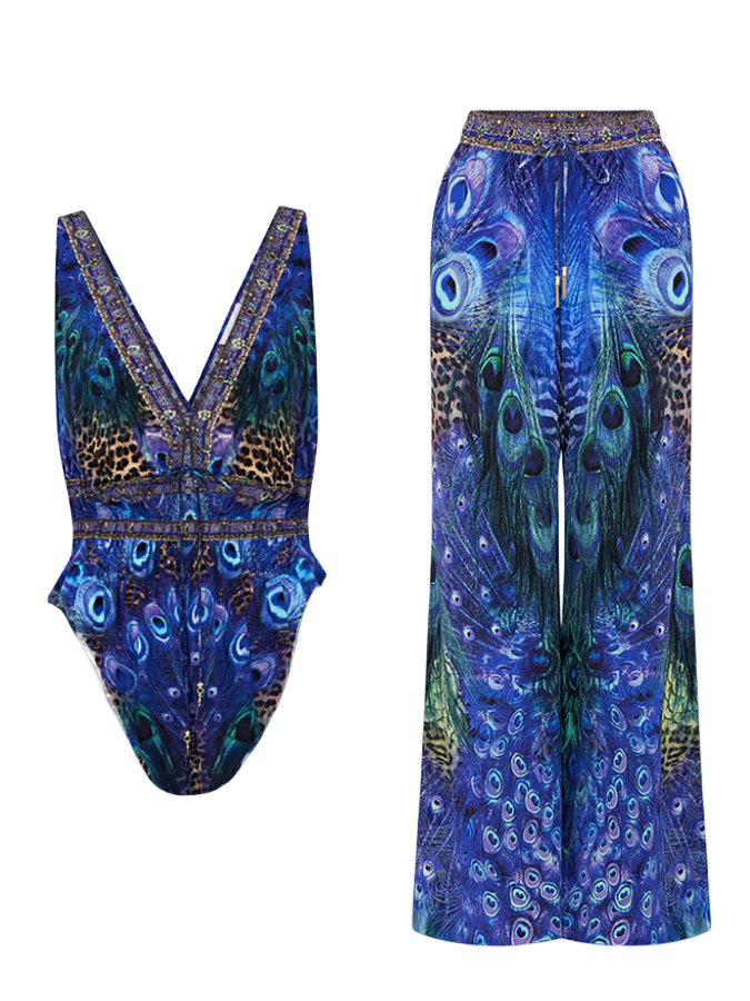 Peacock Printed Halter One Piece Swimsuit and Pants