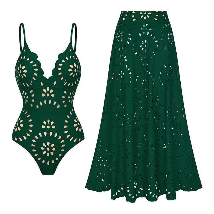 Red Flower Hollow Lace Swimsuit Skirt Resort Wear