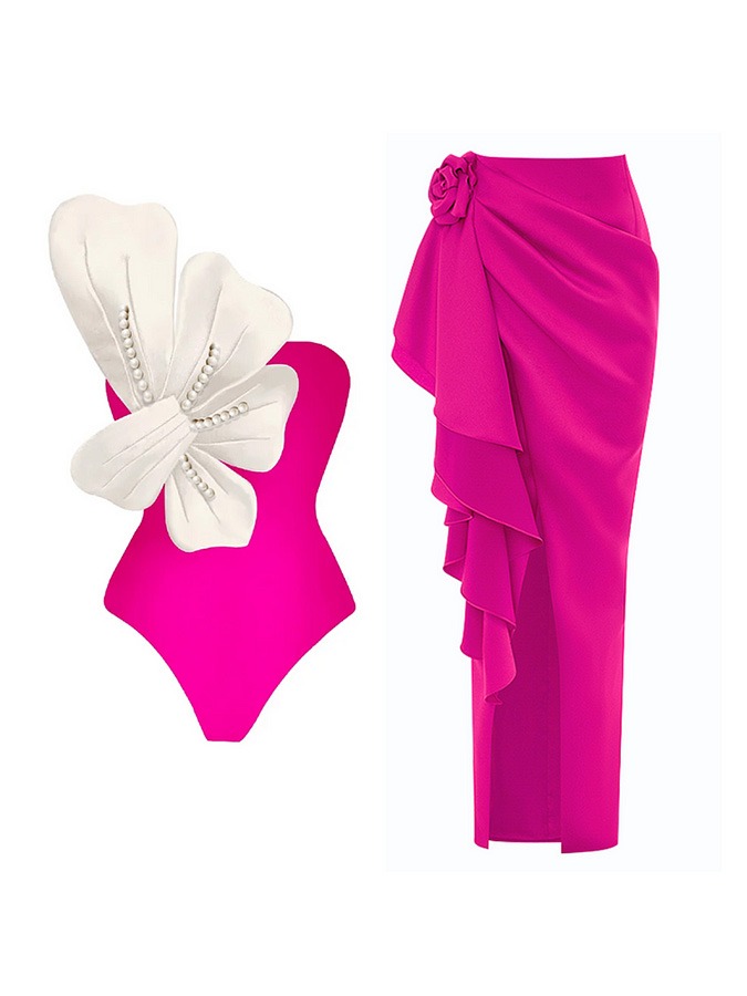 3D Pearl Flower One Shoulder One Piece Swimsuit