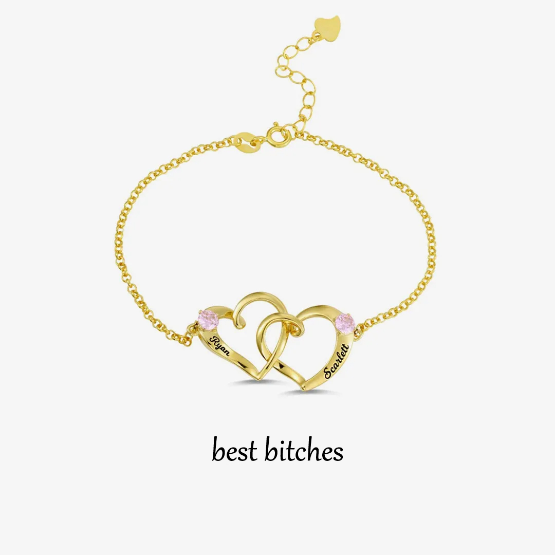 Best Bitches Custom Names & Birthstones Interlocking Double Hearts Bracelet