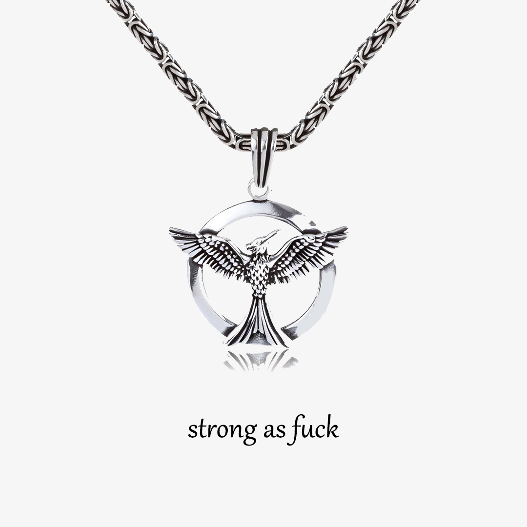 S925 Strong As Fuck Wings Circle Phoenix Necklace For Men