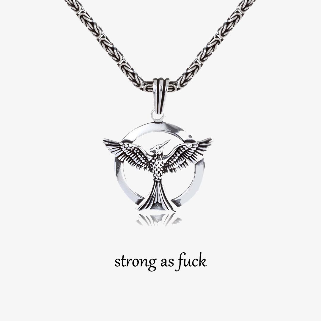 S925 Strong As Fuck Wings Circle Phoenix Necklace For Men