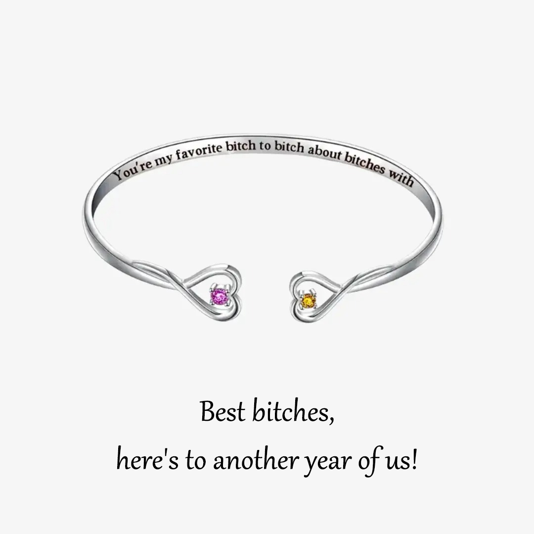 For Friend - Best Bitches Double Hearts Custom Birthstones Bracelet