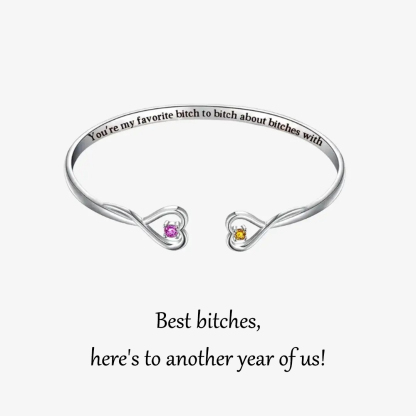 For Friend - Best Bitches Double Hearts Custom Birthstones Bracelet