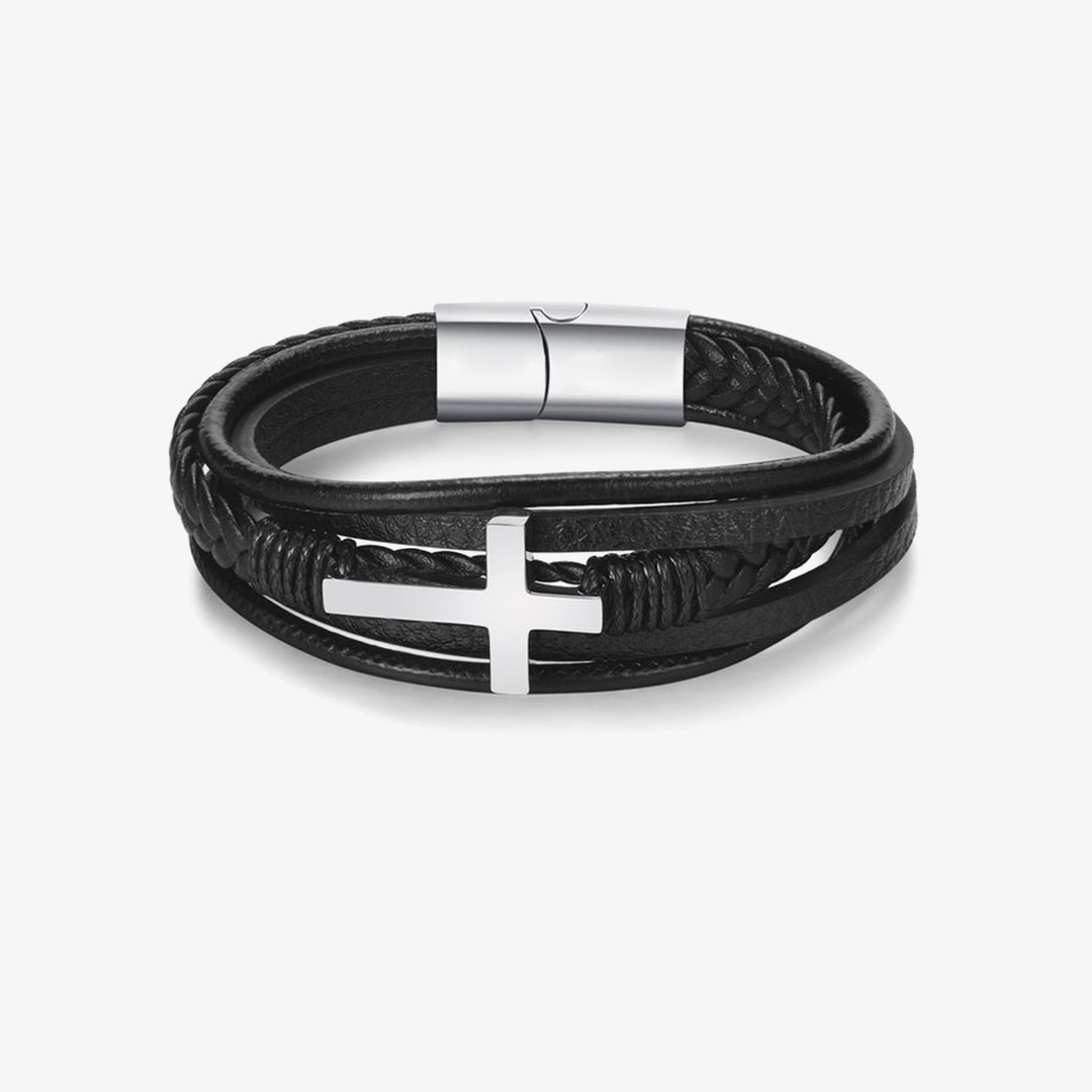 Easter Day Gift For Grandson - May Christ Be By Your Side Cross Leather Bracelet