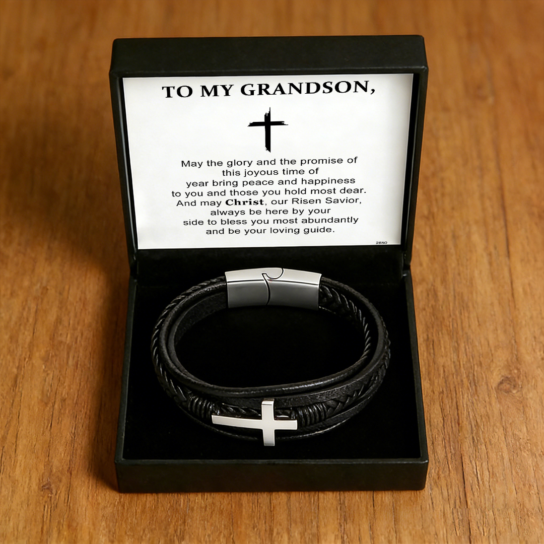 Easter Day Gift For Grandson - May Christ Be By Your Side Cross Leather Bracelet