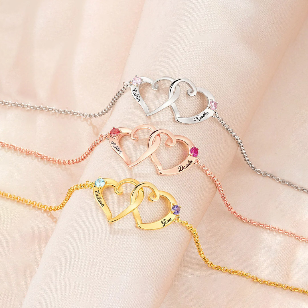 For Friends - Custom Names & Birthstones Interlocking Double Hearts Bracelet