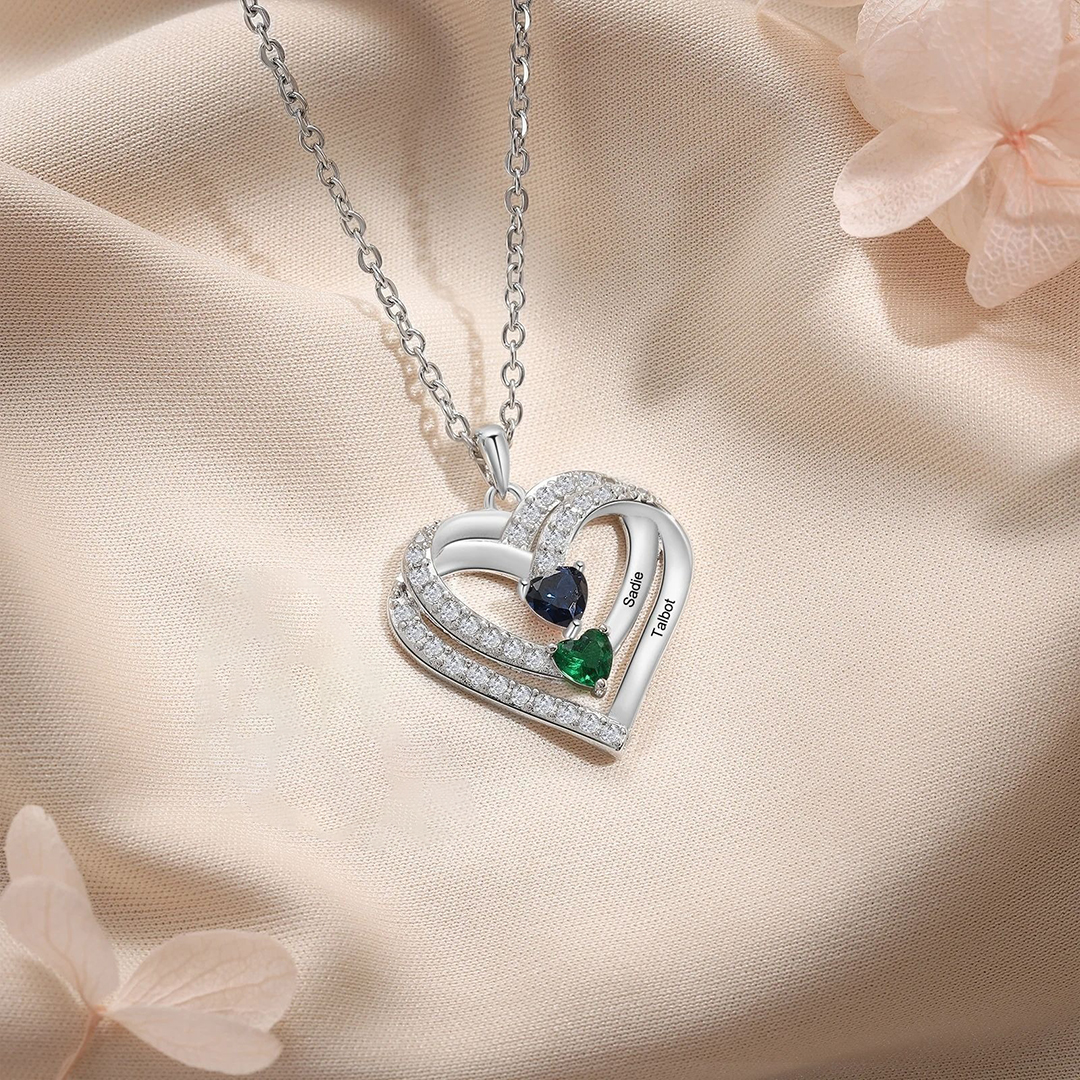 Mother & Children Forever Linked Together Custom Birthstone And Name  Heart Necklace
