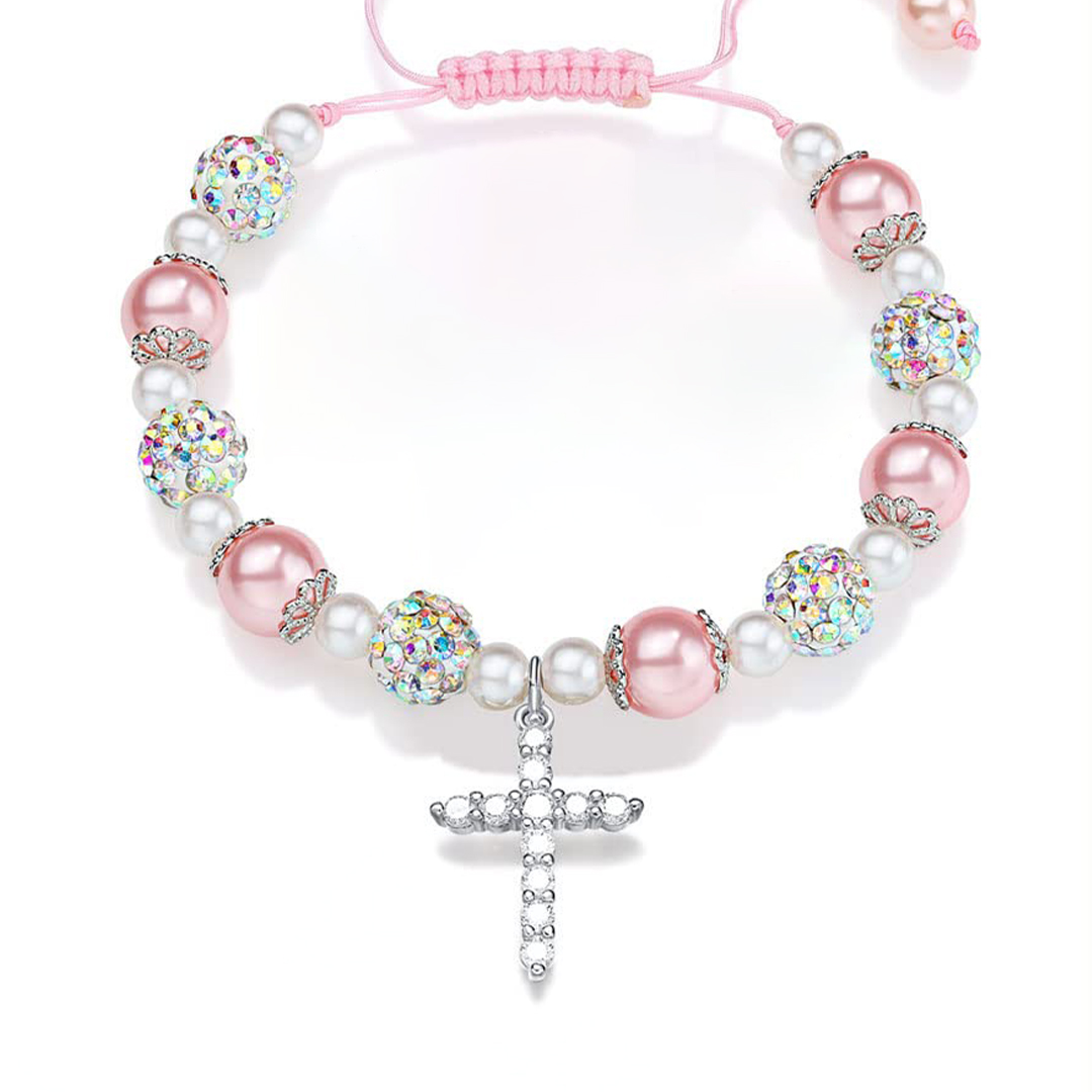 For Granddaughter- My love Will Follow You Pink and White Pearl Cross Bracelet