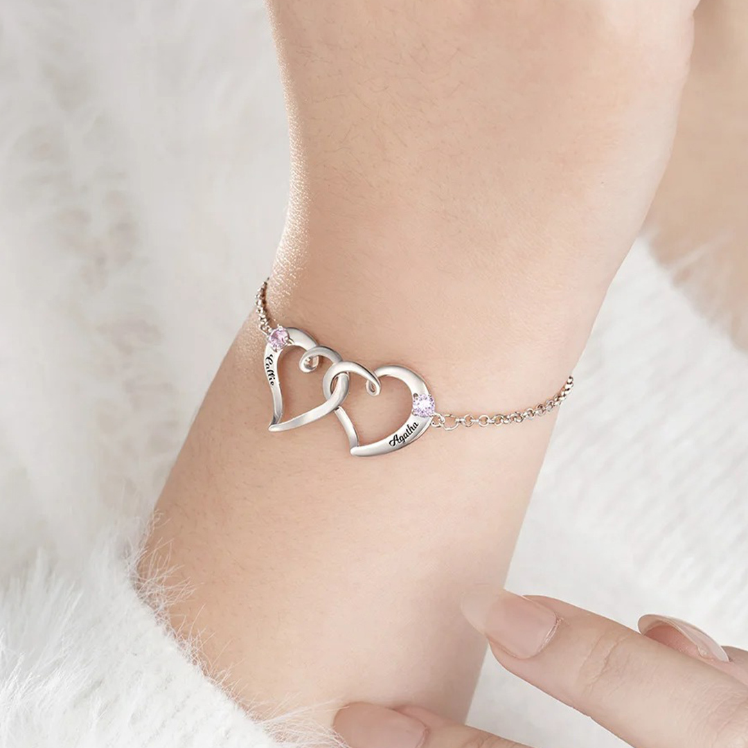 For Friends - Custom Names & Birthstones Interlocking Double Hearts Bracelet
