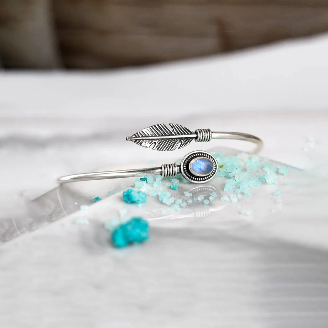 Feather Moonstone Bangle Bracelet