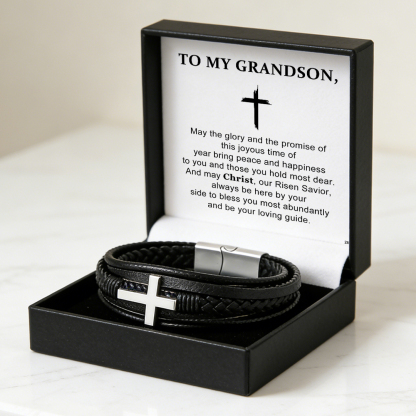 Easter Day Gift For Grandson - May Christ Be By Your Side Cross Leather Bracelet
