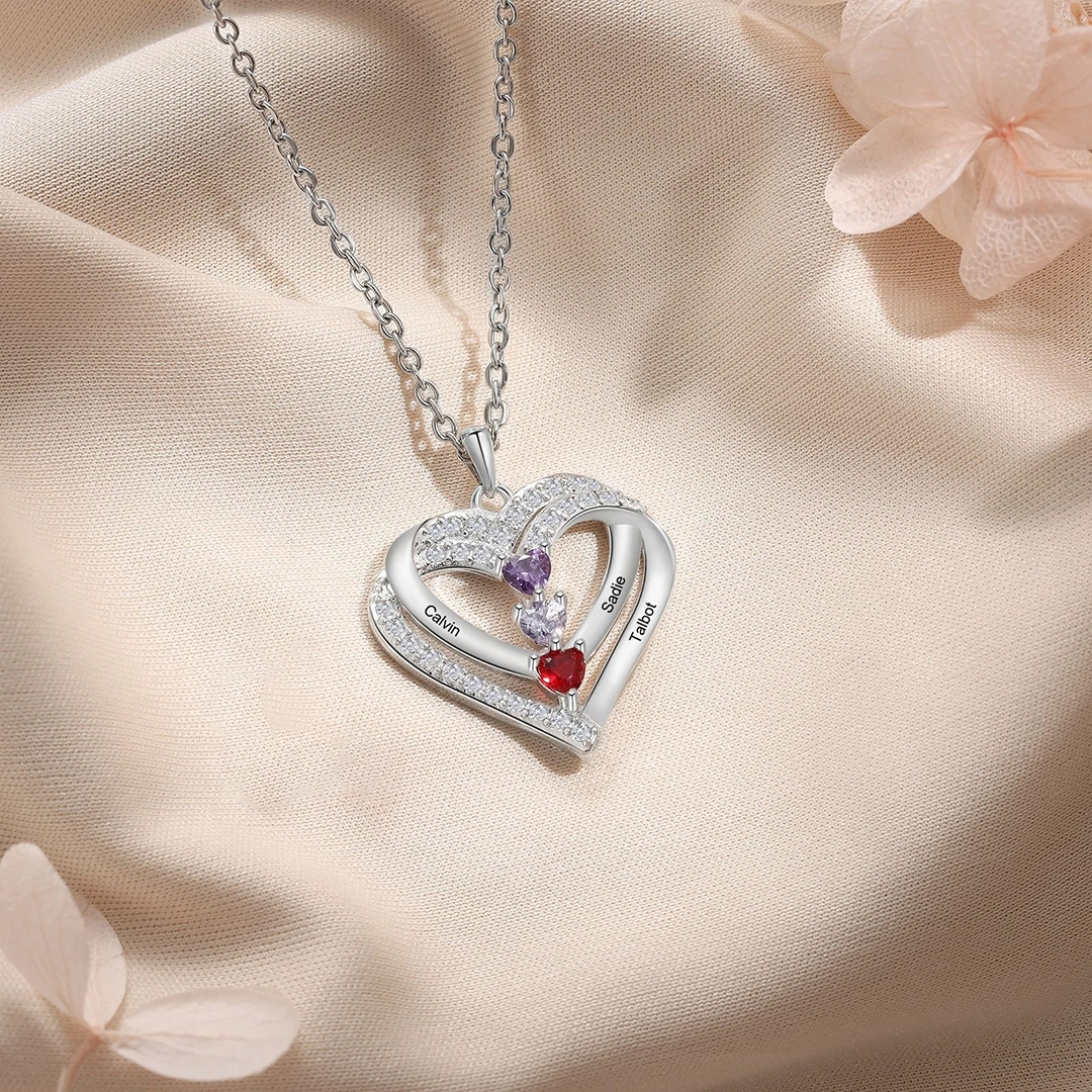 Mother & Children Forever Linked Together Custom Birthstone And Name  Heart Necklace