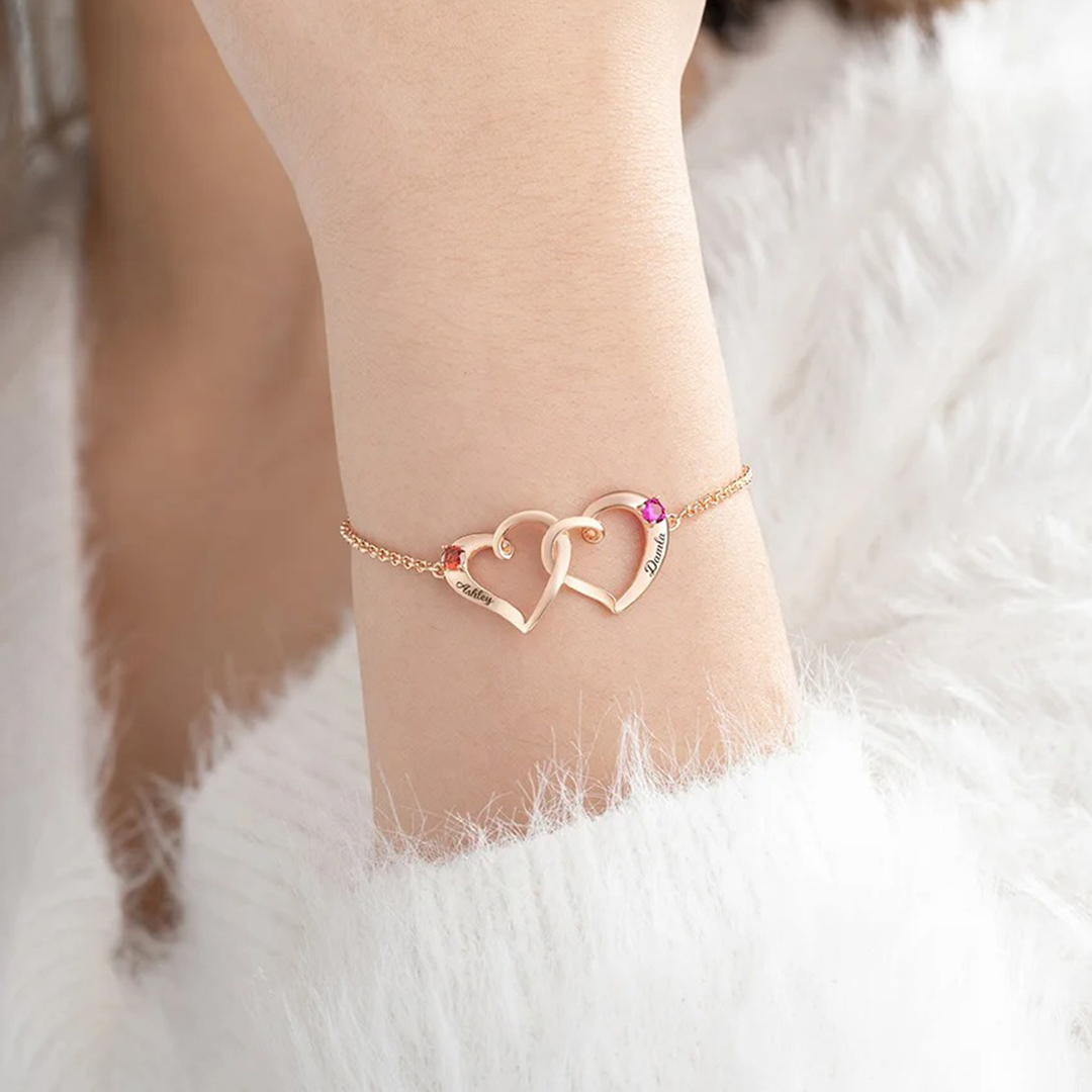 For Friends - Custom Names & Birthstones Interlocking Double Hearts Bracelet