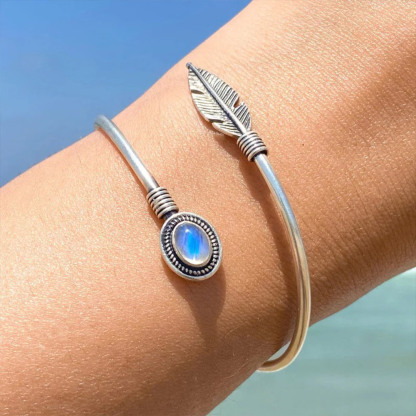 Feather Moonstone Bangle Bracelet