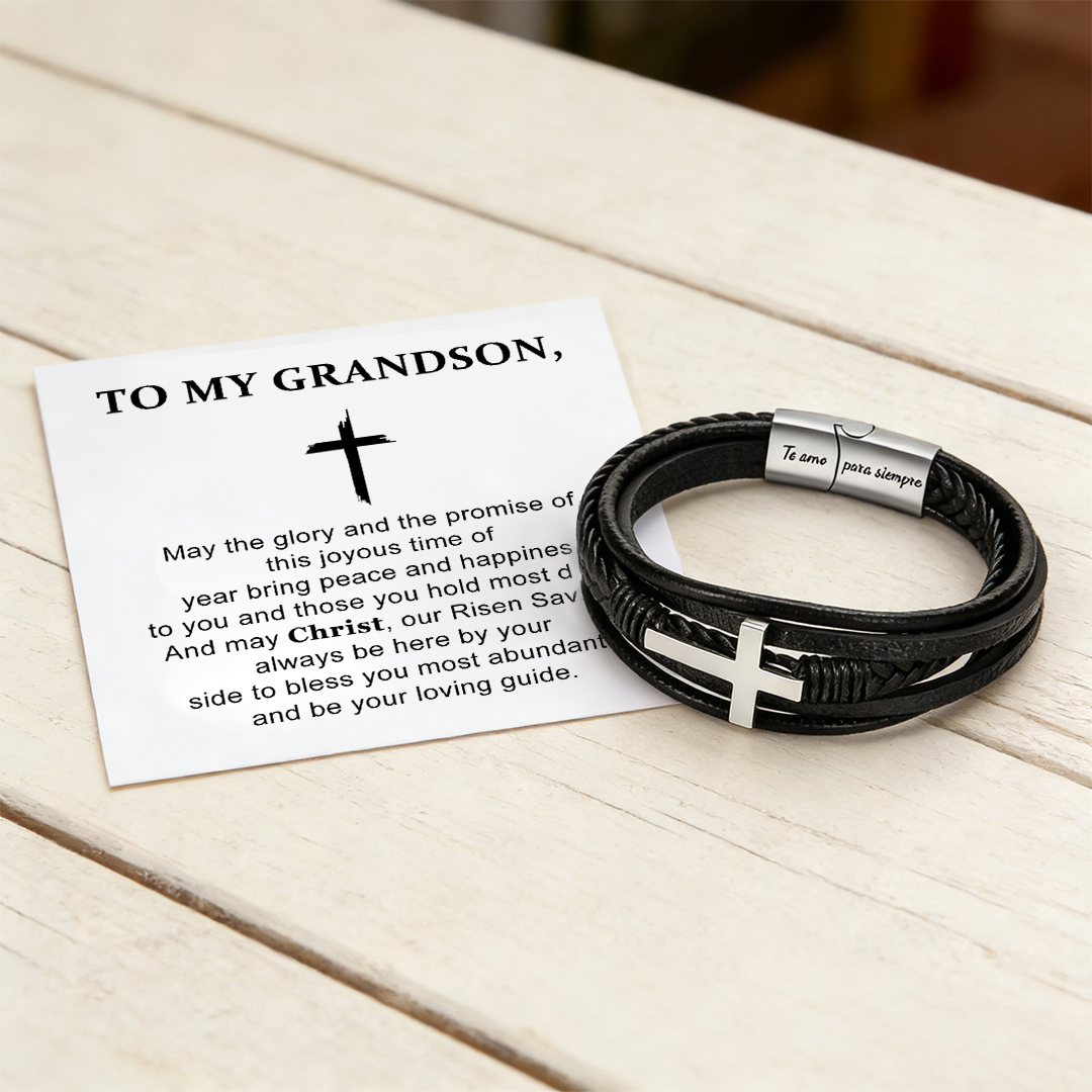 Easter Day Gift For Grandson - May Christ Be By Your Side Cross Leather Bracelet