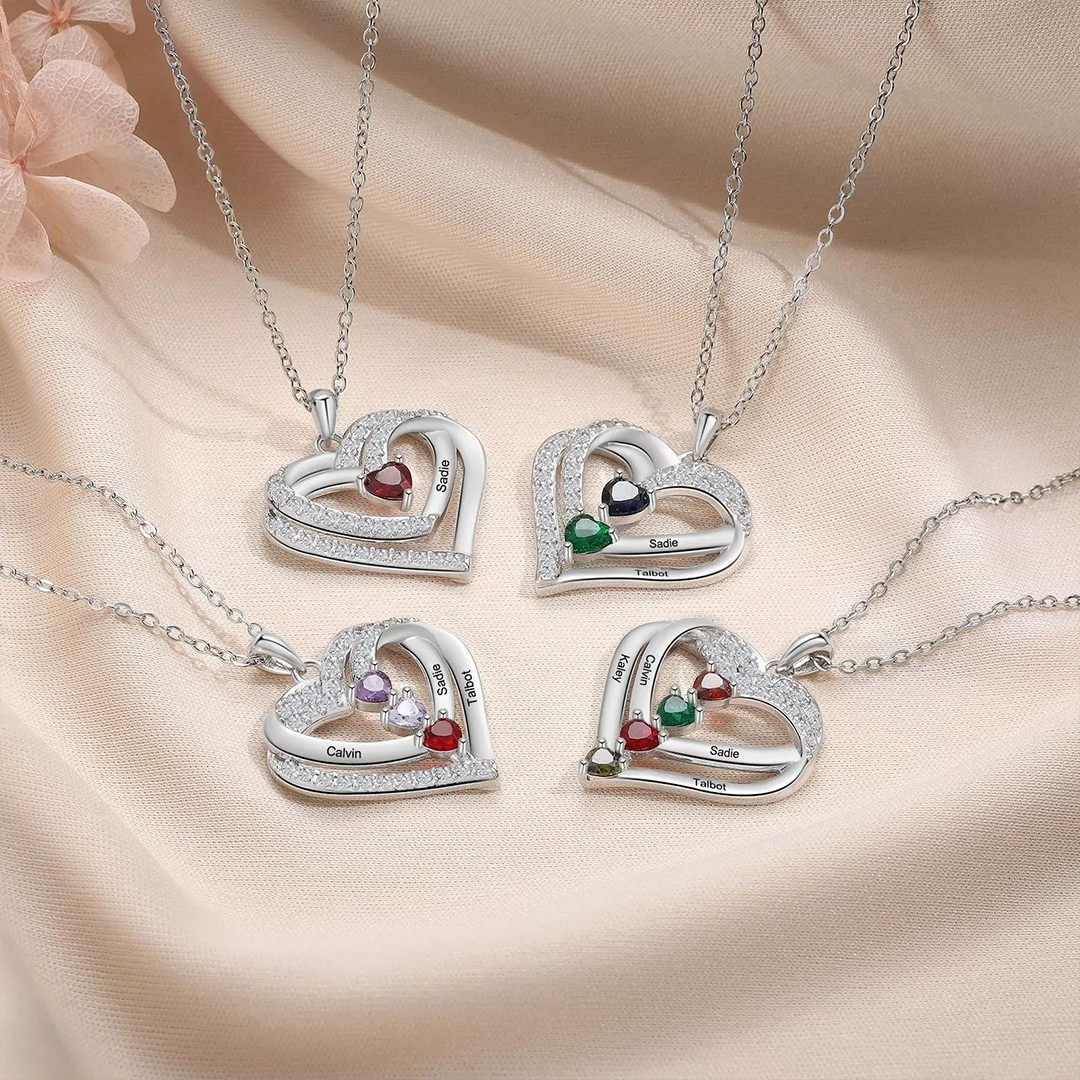 Mother & Children Forever Linked Together Custom Birthstone And Name  Heart Necklace