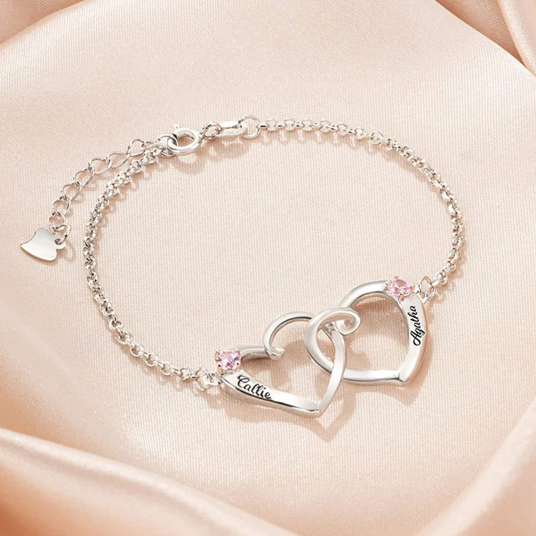 For Friends - Custom Names & Birthstones Interlocking Double Hearts Bracelet