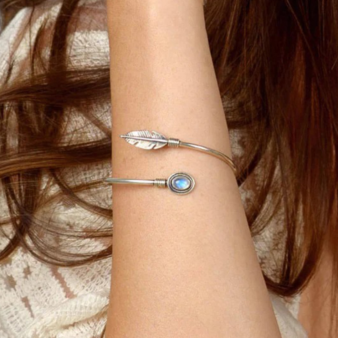 Feather Moonstone Bangle Bracelet