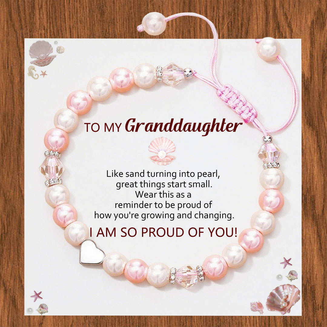 For Granddaughter- I Am So Proud Of You Pink and White Pearl Heart Beaded Bracelet