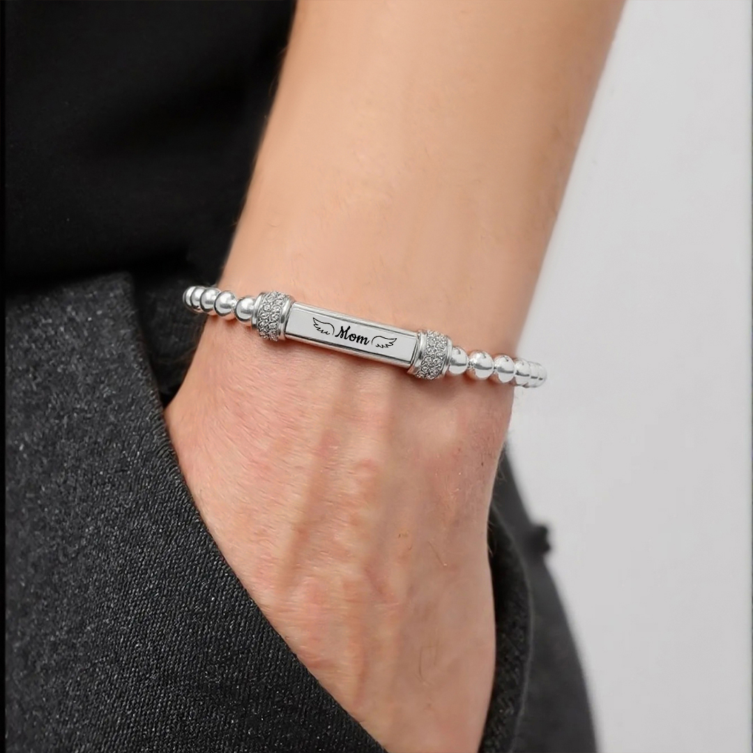 For Memorial -  I'm A Daughter To A Mom With Wings Custom Name Bead Bracelet