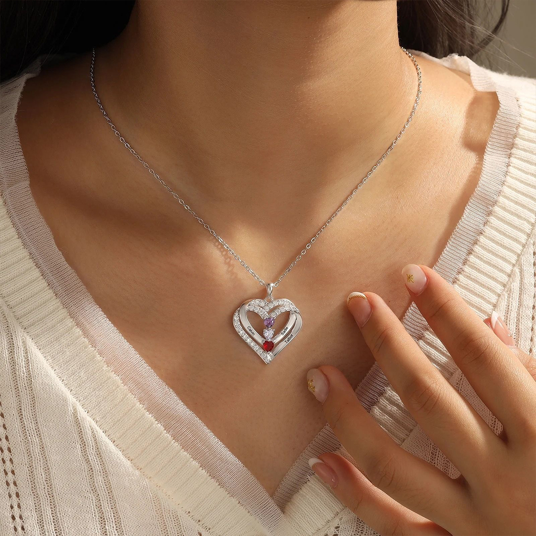 Mother & Children Forever Linked Together Custom Birthstone And Name  Heart Necklace