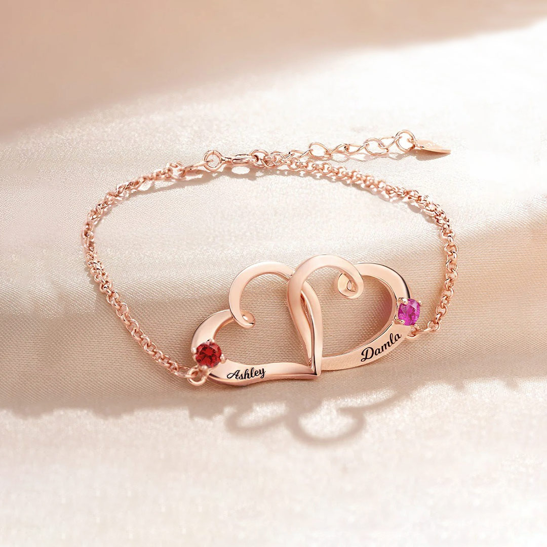 For Friends - Custom Names & Birthstones Interlocking Double Hearts Bracelet