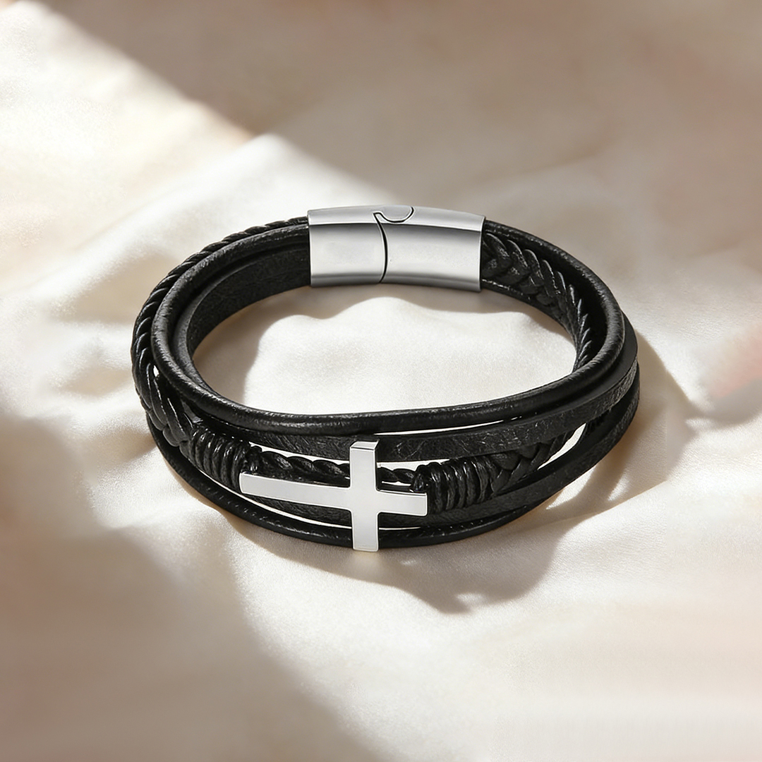 Easter Day Gift For Grandson - May Christ Be By Your Side Cross Leather Bracelet
