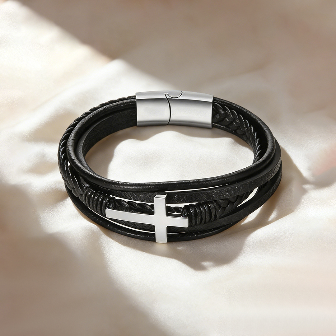 Easter Day Gift For Grandson - May Christ Be By Your Side Cross Leather Bracelet