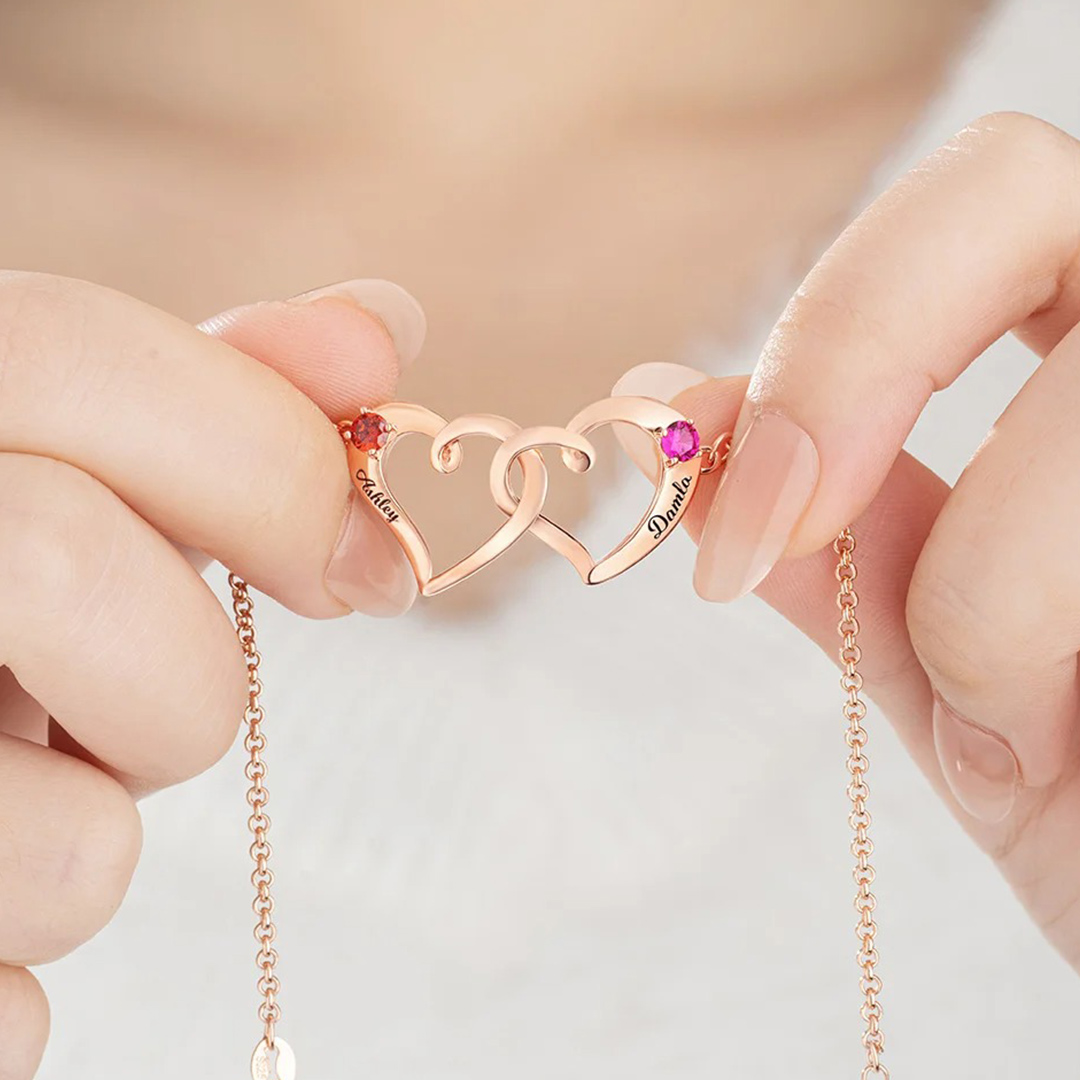 For Friends - Custom Names & Birthstones Interlocking Double Hearts Bracelet