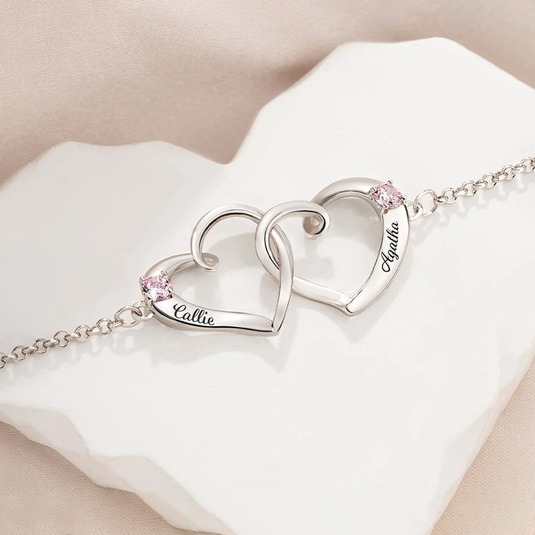 For Friends - Custom Names & Birthstones Interlocking Double Hearts Bracelet
