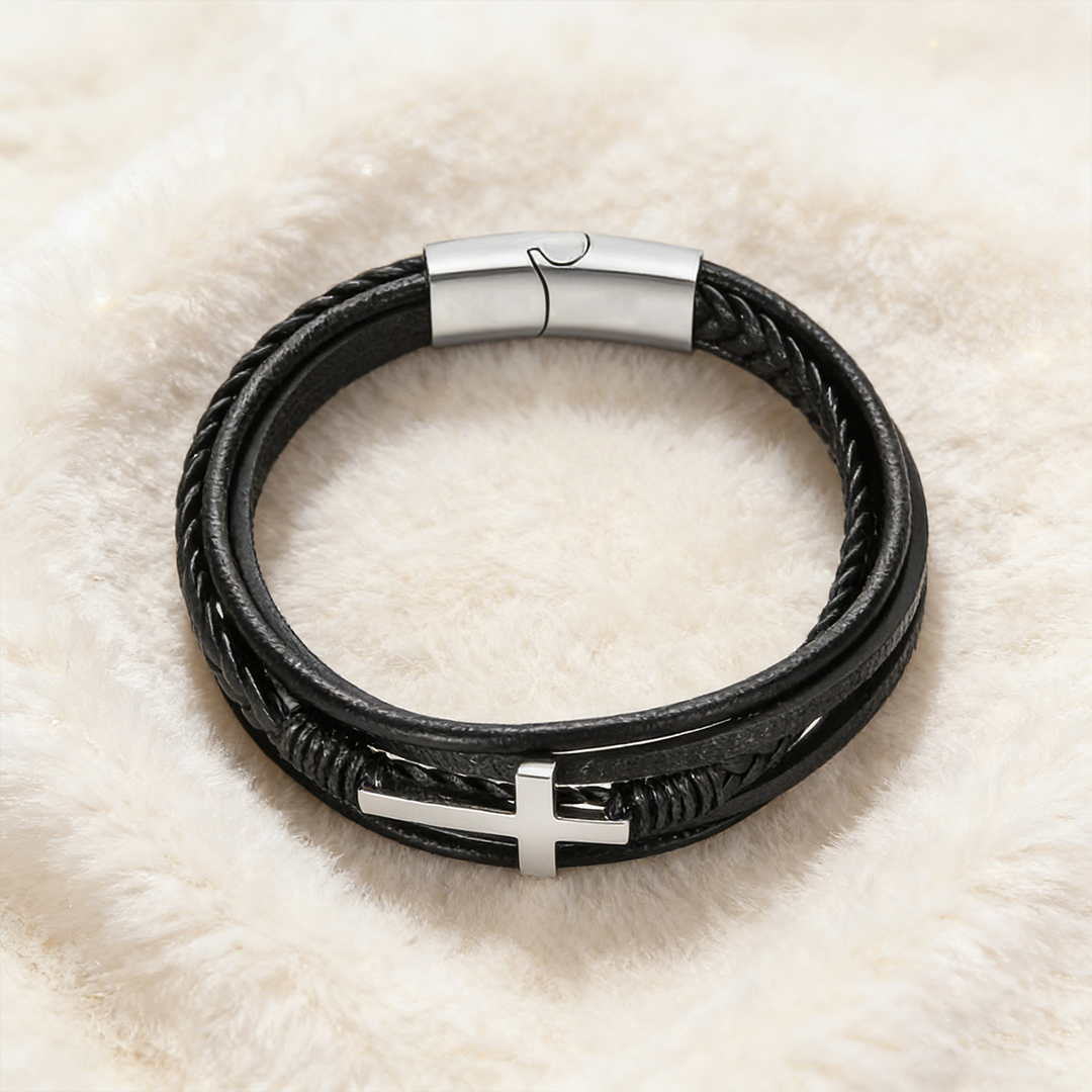Easter Day Gift For Grandson - May Christ Be By Your Side Cross Leather Bracelet