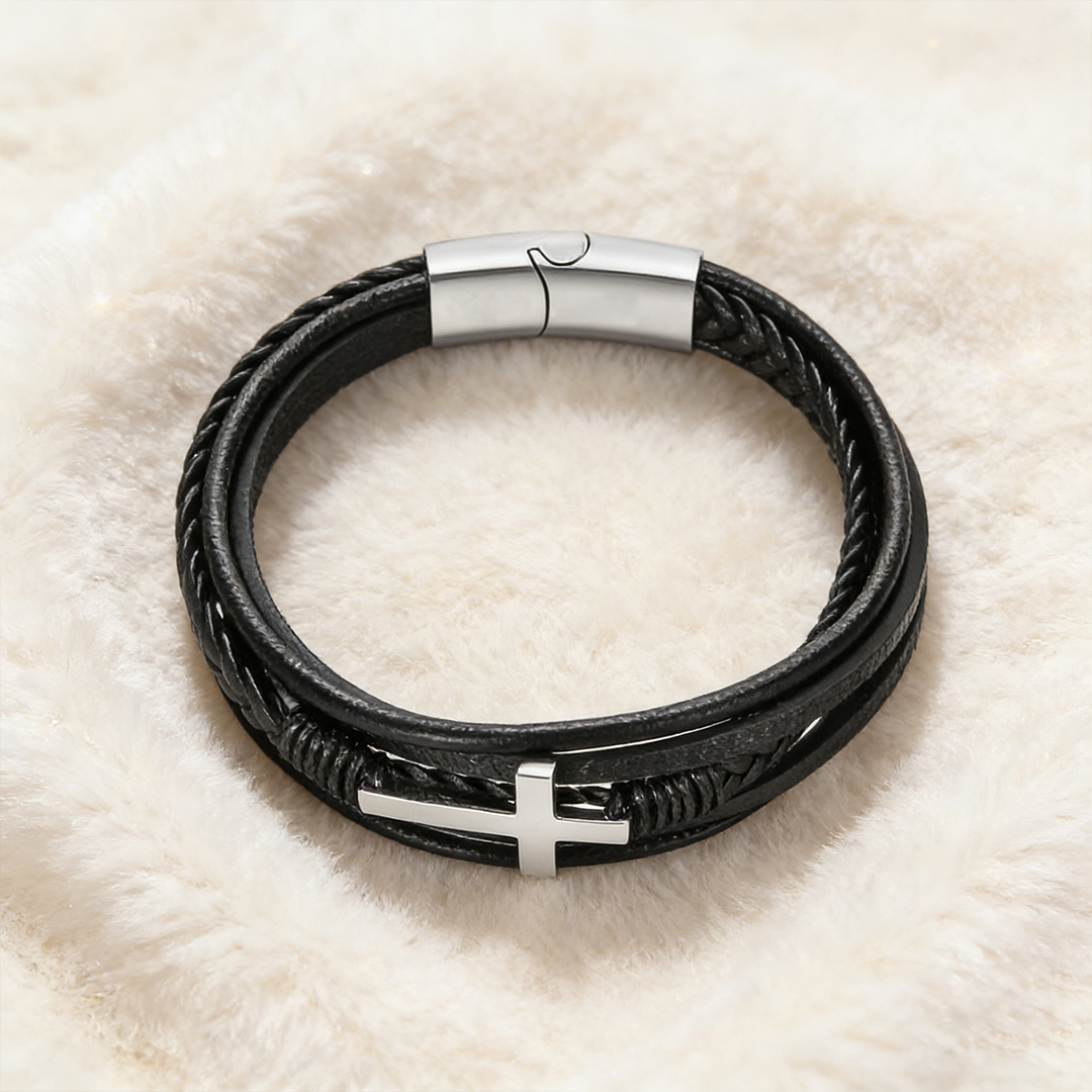 Easter Day Gift For Grandson - May Christ Be By Your Side Cross Leather Bracelet
