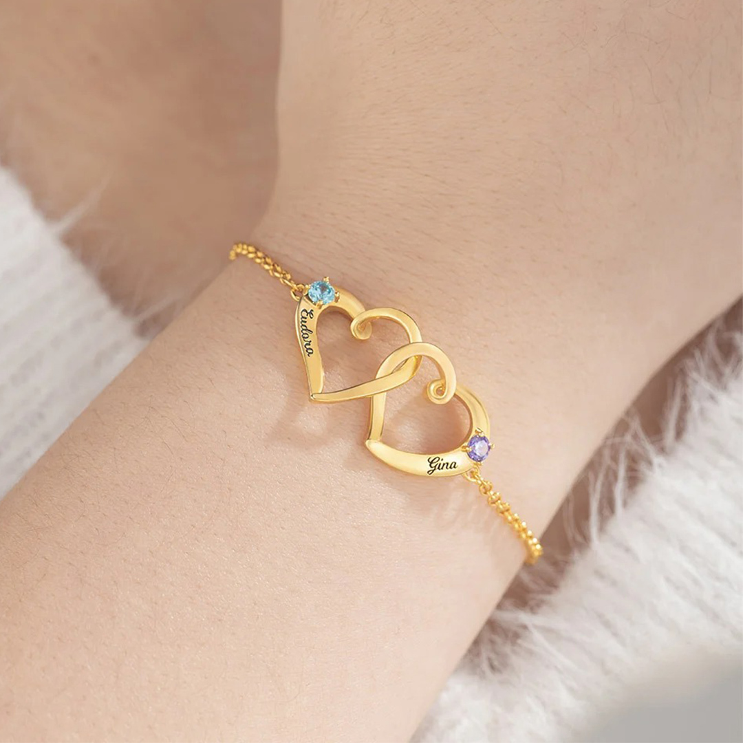 For Friends - Custom Names & Birthstones Interlocking Double Hearts Bracelet
