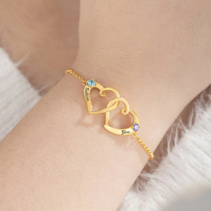For Friends - Custom Names & Birthstones Interlocking Double Hearts Bracelet